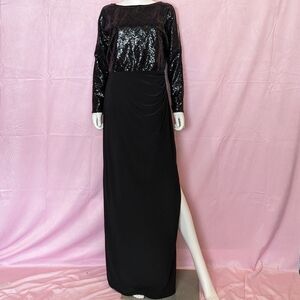 Lauren Ralph Lauren Black Long Sleeve Sequin Bodice Long Formal Evening Gown 8